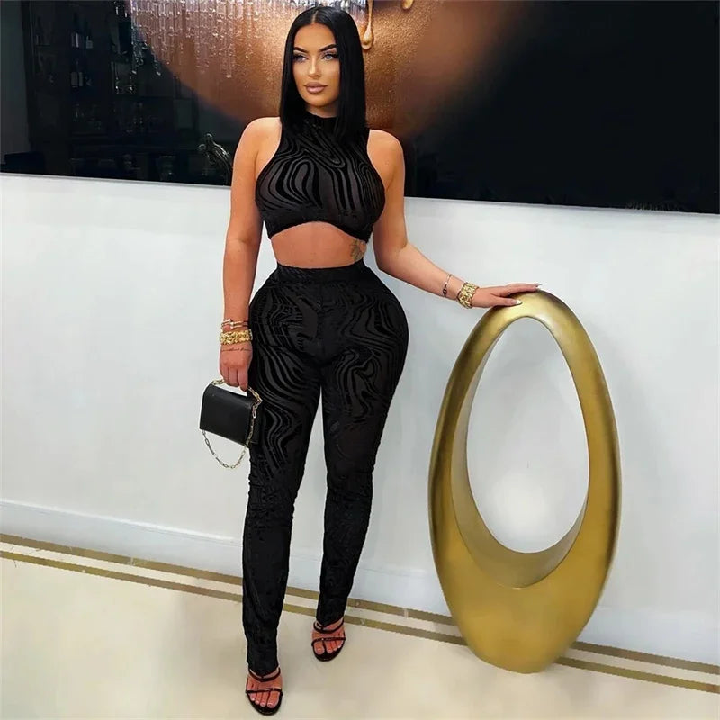 Mesh See Through Sexy Club Outfits for Woman 2 Piece Set Night Party Sleeveless Vest Crop Top and Leggings New in Matching Sets