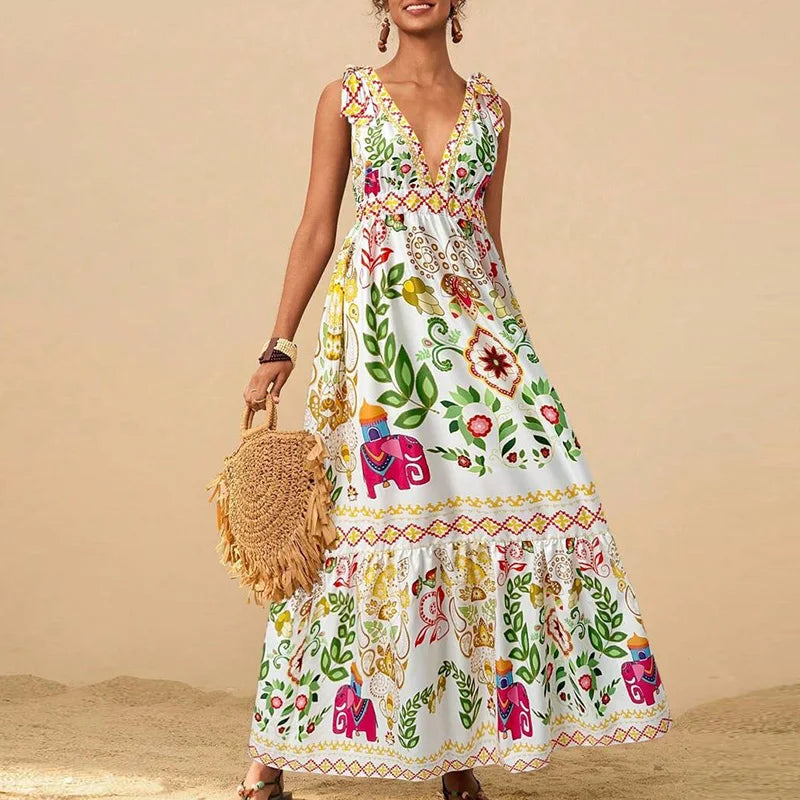 Lady Retro Floral Print Pleated Long Dress Sexy V Neck Hollow Out Sleeveless Beach Dress Casual High Waist Bohemian Summer Dress