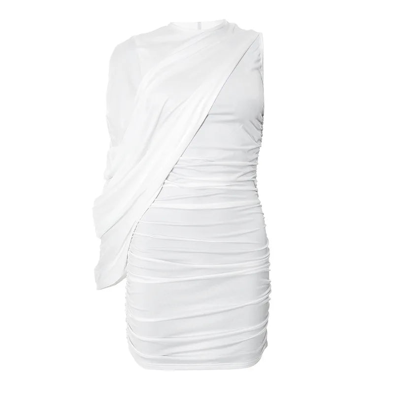Joskaa Elegant Pleated O-Neck Asymmetric Single Sleeve Body-Shaping Mini Dresses for Women 2025 Summer Holiday Party Clubwear