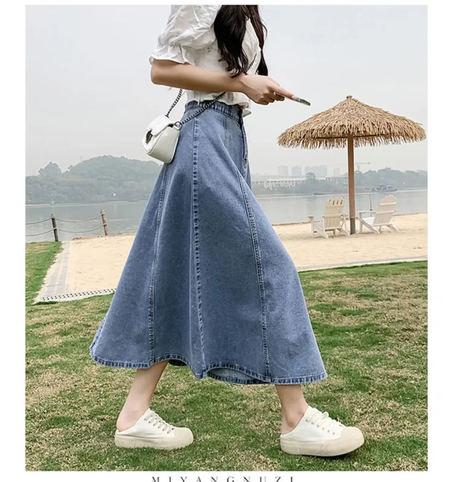 Fashionable Spring Medium-Length High-Waisted Jeans Long Dress Women's Elastic Waist A- Line Skirt Umbrella Skirt