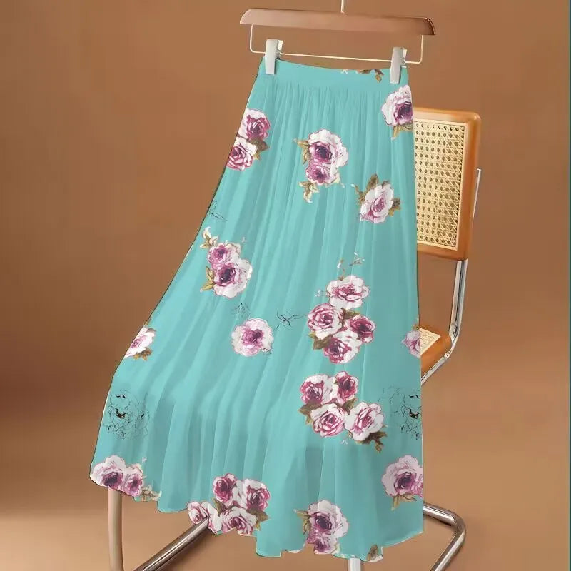 Women's Floral Printed Long Chiffon Skirt, Elastic, High Waist, A Line, Max Pleated, Summer, Fashion