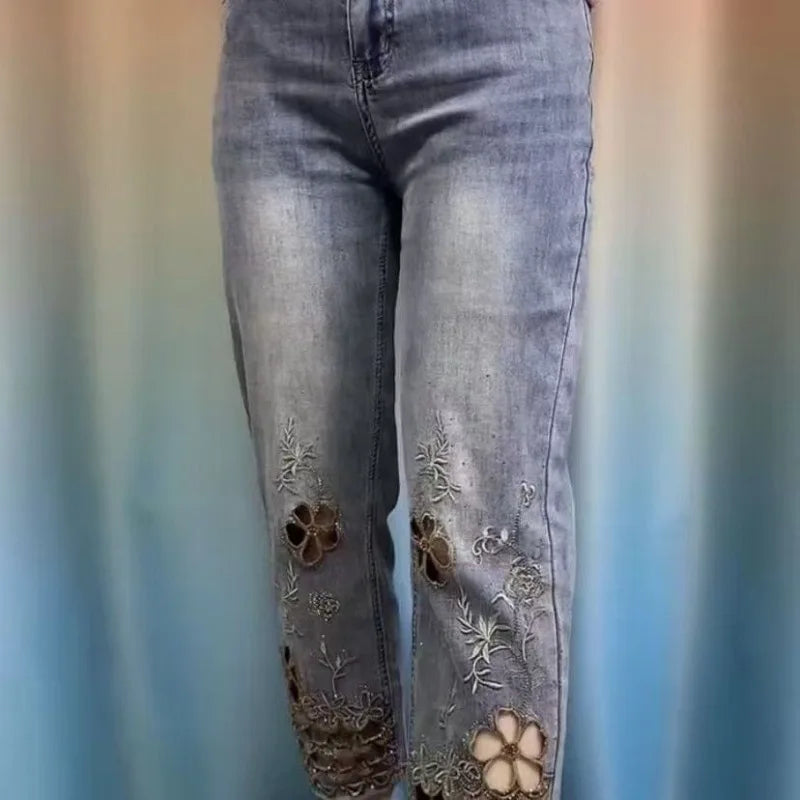 women High end hollowed out embroidered denim eight cigarette tube pants 2025 new summer thin high waist stylish denim tube pant