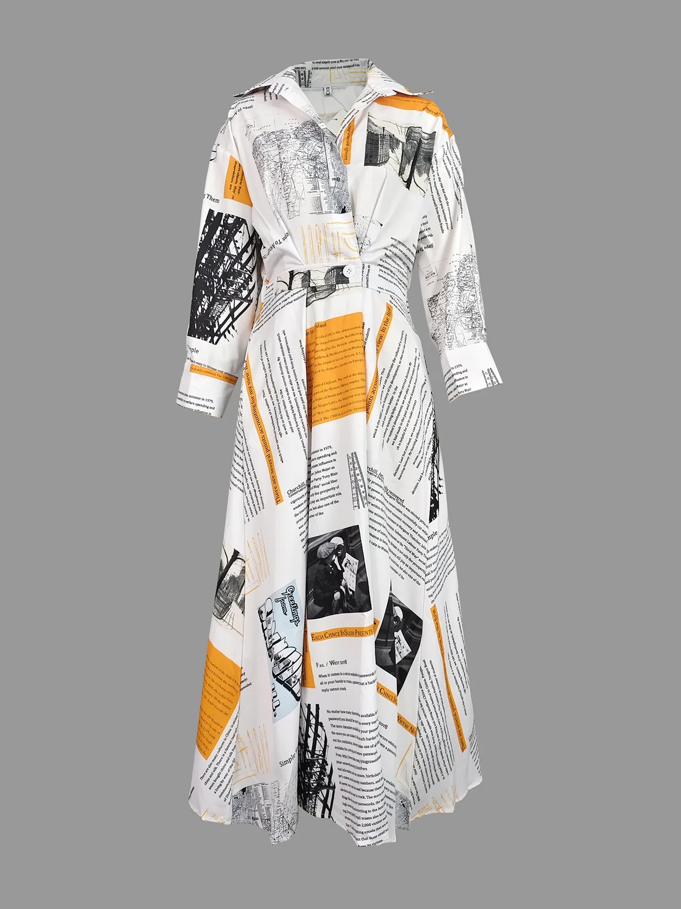 2025 New Autumn Women Midi Dress Long Sleeves Casual High Street Fashion Newspaper Print Lapel A-Line Dress For Women
