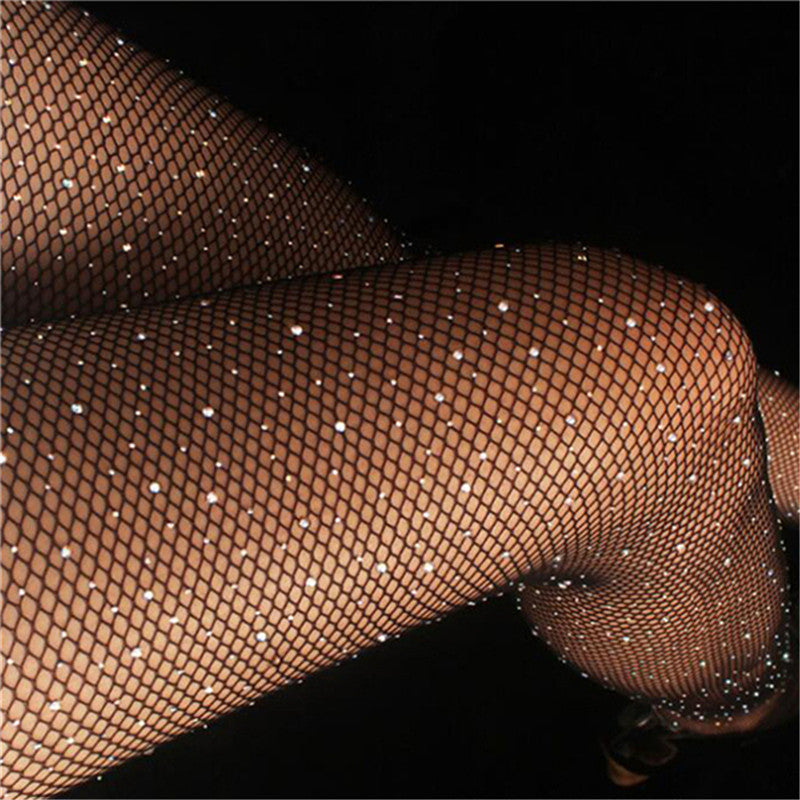 Women's Sexy Crystal Bling Stockings Rhinestone Fishnet Flash Mesh Ladies Skinny Sequins Pantyhose for Female Night Clubwear