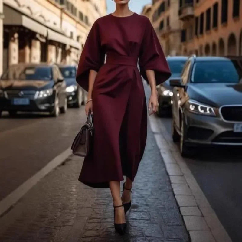 Beautyblue Long Dress for Women Fashion Summer Elegant Dresses 2025 New Round-Neck Puff Sleeves Pleated Party Evening Dress