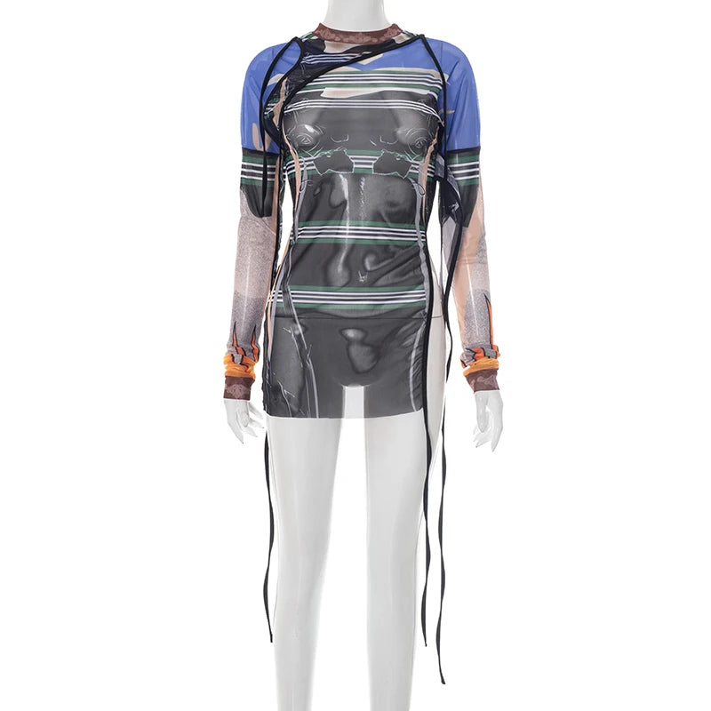 Weird Puss Sexy Irregular t-Shirts Women See Through Full Sleeve Split Ribbon Coquette Midnight Clubwear Wild Stretch Long Tees