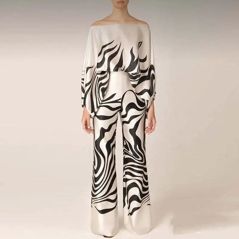 CM.YAYA Women Set Full Batwing Sleeve Slash Neck print Top + Wide Leg Pants Summer Street Two 2 Piece Sets Sexy Outfit Tracksuit