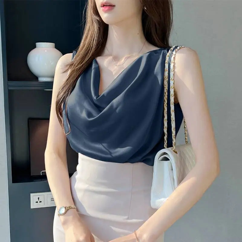 ZANZEA Women Satin Tank Tops Elegant Cowl Neck Sleeveless Blouse Korean Fashion Silk Solid Color Tanks Office Lady Sexy Camisole
