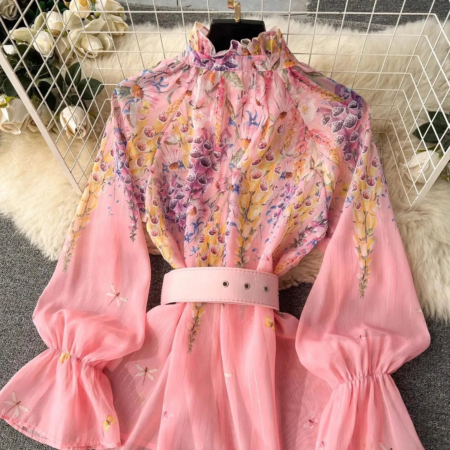 Women's Outfits Bright Silk Chiffon Shirt Blouse Top + Belt Shorts Two Piece Sets Summer Holidays Lavender Flower Shorts Suit