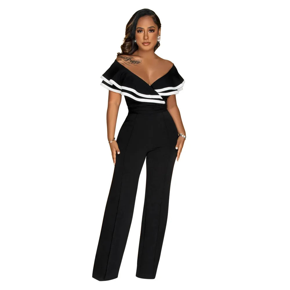 CM.YAYA Women V-neck Off Shoulder Ruffles Wide Leg Jumpsuits 2024 Summer Fashion Sexy Party Playsuit One Piece Suit Rompers