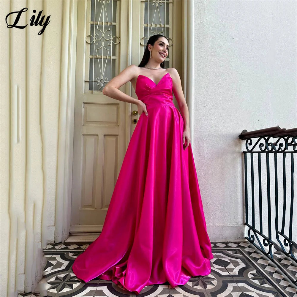 Lily Fuchsia Evening Dress Sweetheart Formal Gown A Line Prom Gown Strapless Night Dresses with Floral robe de bal Customized