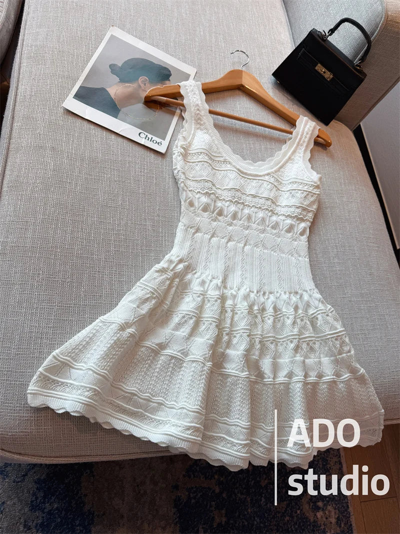White Sweet A-line Ruffle Edge Knitted Vest Dress Women's Summer French Fashion Slim Temperament Sexy Girl Hollow Short Dress