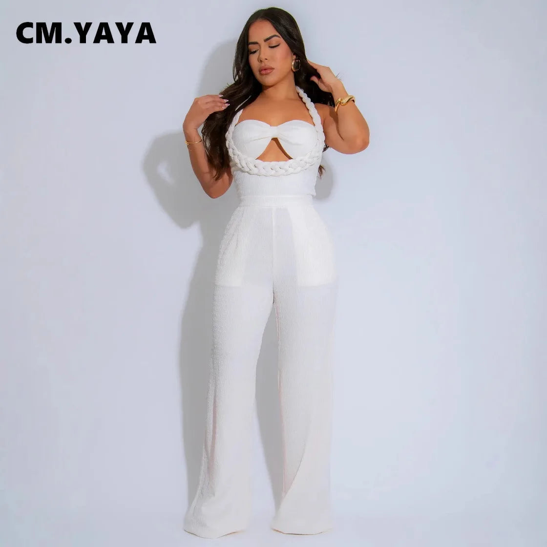 CM.YAYA Women Weave Halter Neck Backless Wide Leg Jumpsuit 2025 Chic Summer Sexy Party Club Night One Piece Suit Playsuit Romper