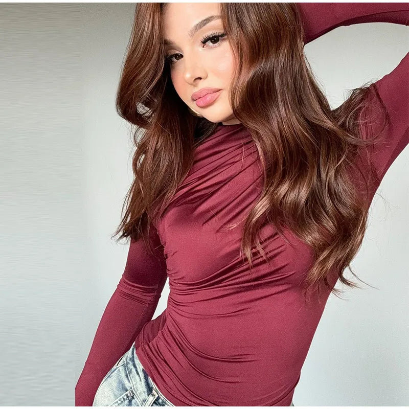Women Tees Sexy Turtleneck Long Sleeve Pleated All-match Basic Lady T-shirts 2025 Spring Autumn Fashion Chic Female Streetwears