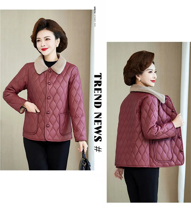 Winter Plush Jacket Winter Mom's Fashion Plus Size Loose Thick Fur Collar Coat For Mid-Aged Women With Velvet Warm Quilted Coat