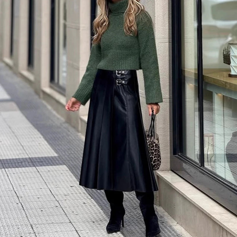 PU High Waist Pleated Women's Long Skirt Fashion Temperament Black Commuting Skirt New 2025 Street Decoration Autumn Half Skirt