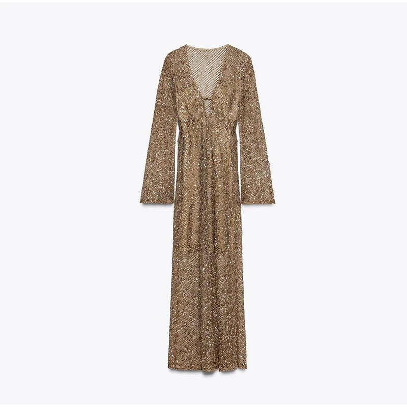 Sequin Maixi Dress Woman Deep V-neck Sparkling Lace Up Trumpet Sleeves Slim Long Dresses Sexy Perspective Party Women's Robe