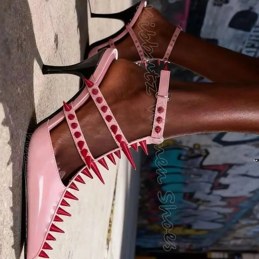 Rivets Pumps Women Shoes Gothic Rock Punk Pointed Toe Thin Heels Buckle Strap Fashion Novelty Sexy Elegant Leather Solid Color