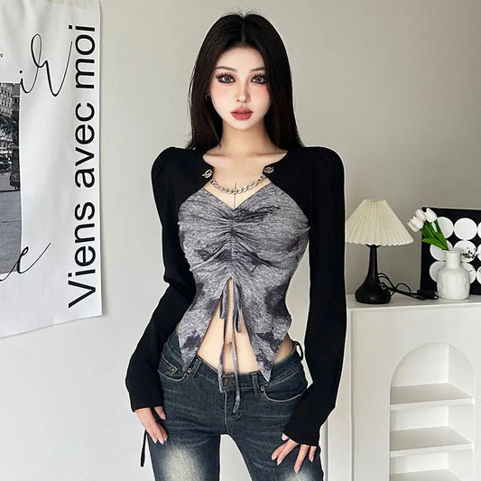 Hong Kong Style Retro Tie-dyed Unique Splicing Design and Sense Dovetail Slim T-shirt for Women Sweet Sexy Versatile Base Shirt
