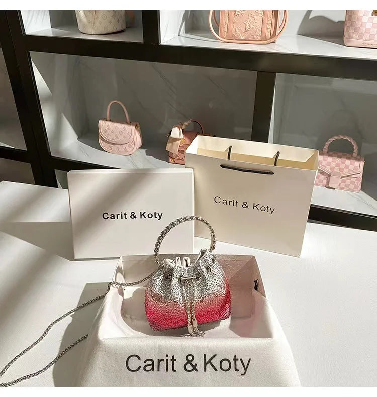 Crystal Shiny Diamonds Bucket Bag Fashion Women Handbag Metal Ring Handle Evening Bag Wedding Party Clutch Purse Crossbody Bag