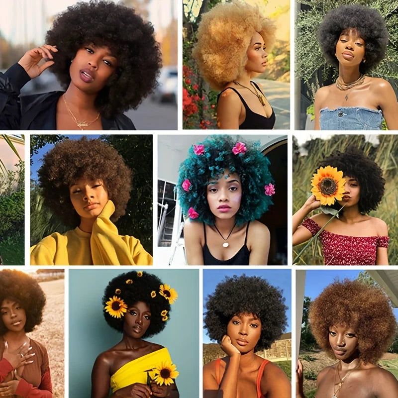 Newmi Hair Fluffy Kinky Curly Human Hair Wig With Thick Bangs 180% Density Glueless Brazilian Virgin None Lace Wig Natural Color