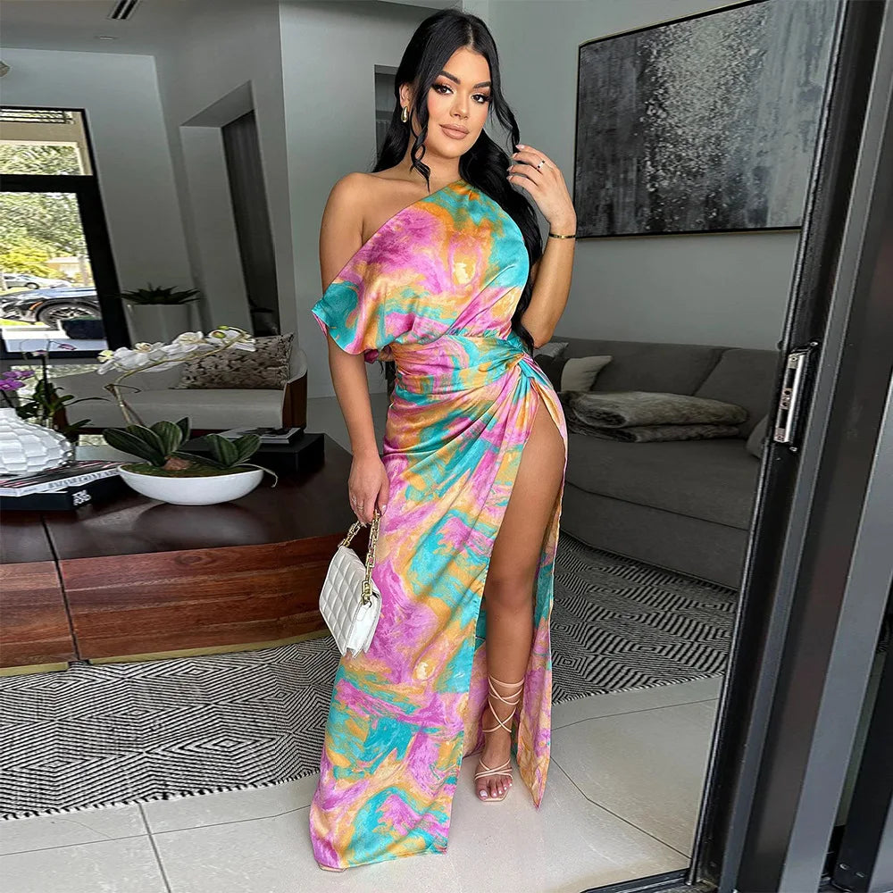 CM.YAYA Women Skew Collar Tie-dye Print Long Dress Summer Streetwear Beach Evening Sexy Night Party Split Maxi Dresses Vestidos