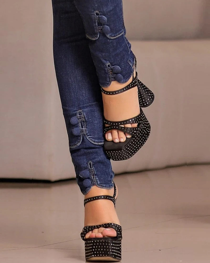 High Waist Skinny Jeans for Women Grommet Eyelet Lace-Up Pocket Design Wrap Hips Pants Plain Sexy Shaping Denim Trousers