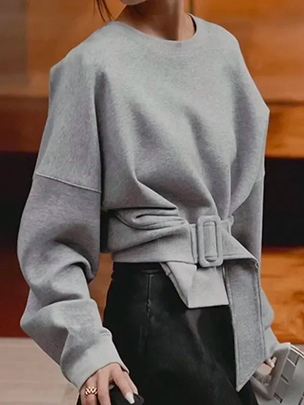 Beautyblue Fall Women's Sweatshirts Tops Female Hoodies 2025 Casual Belt Buckle Solid Color O-Neck Ladies Pullovers Clothing