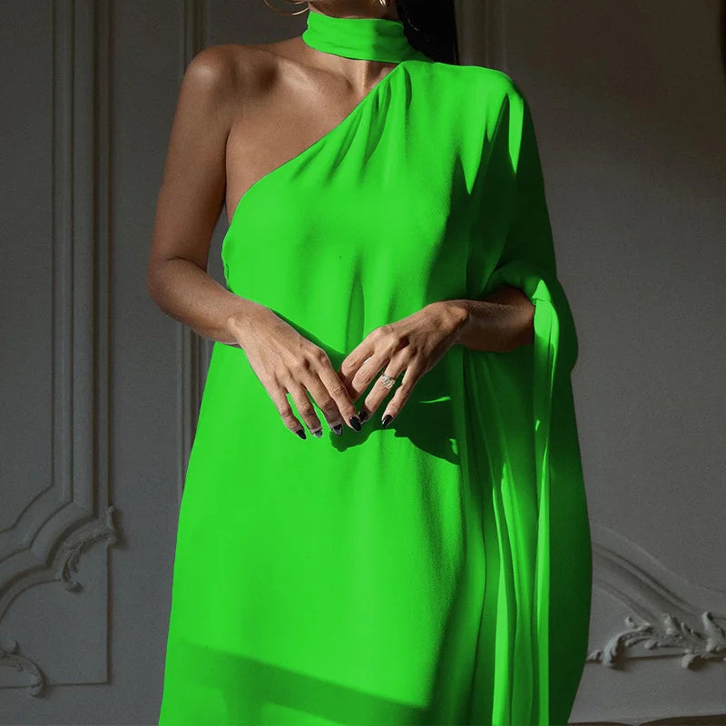 Elegant Halter One-Shoulder Loose Party Dress Lady Solid Color Temperament Banquet Maxi Dress 2023 Casual Women Fashion Vestido