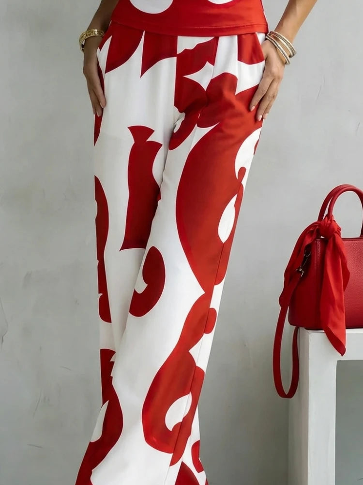 Bonboho Women's Boho Red White Abstract Swirl Print Pants High Waisted Pleated Wide Leg Trousers 2026 Vacation Outfit for Summer