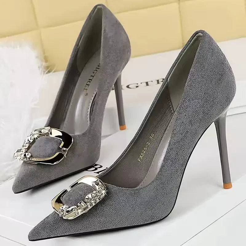 Elegant Rhinestone Buckle Suede High Heel Pumps for Women