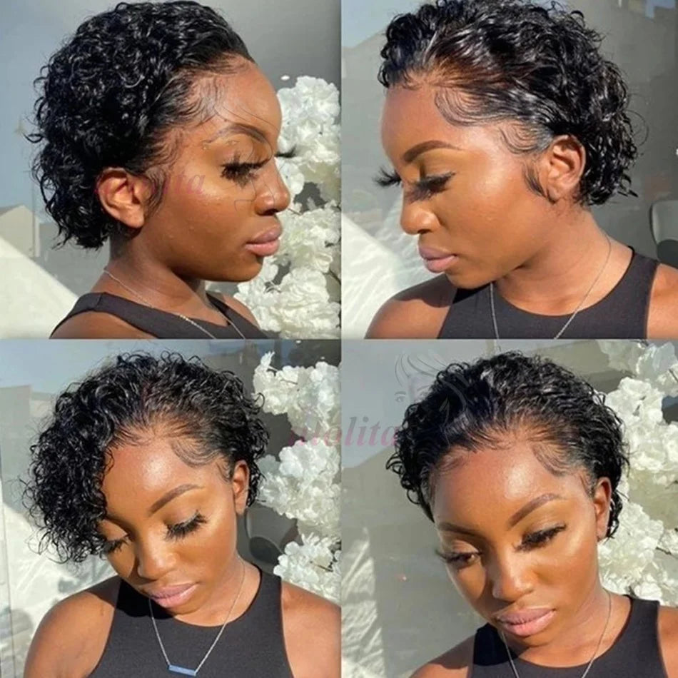 Pixie Curls 100% Human Hair 13x4 Lace Frontal Wigs Pixie Cut Short Bob Human Hair Wig Transparent Lace Front Human Hair Wig