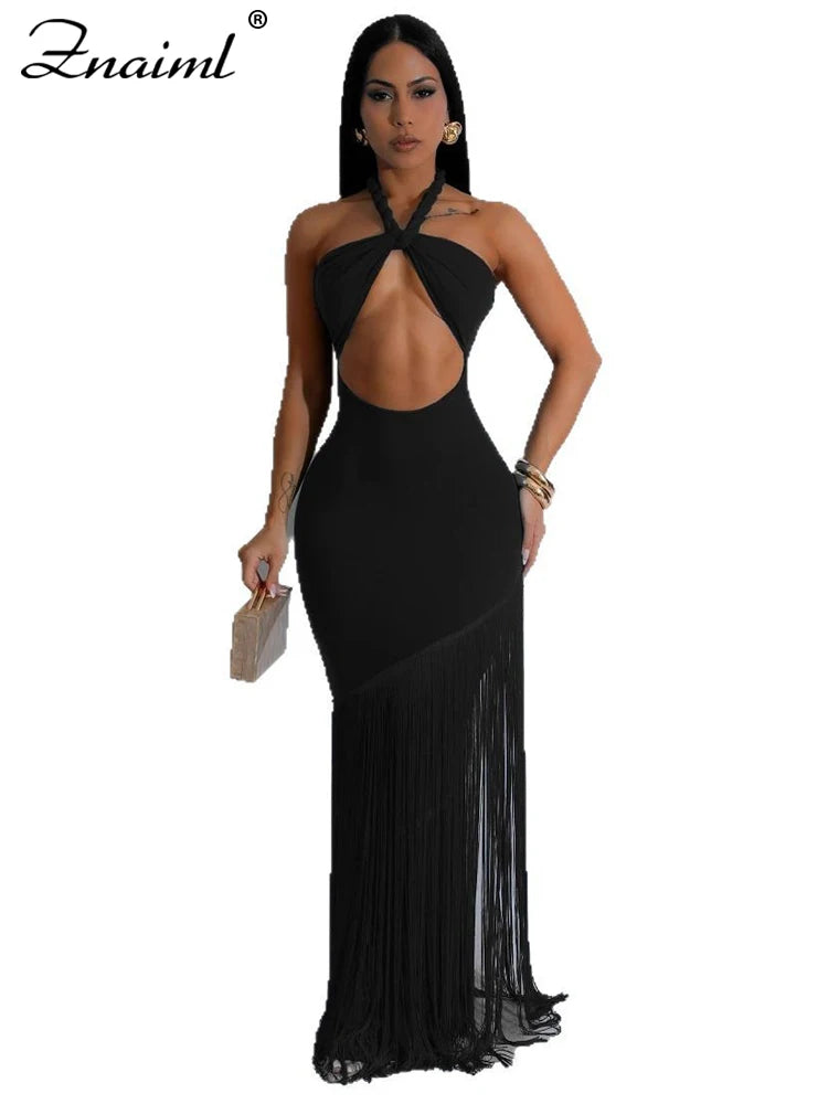 Znaiml Sexy Halter Backless Tassel Bodycon Blue Maxi Dress for Women Elegant Celebrity Birthday Party Evening Prom Formal Robe