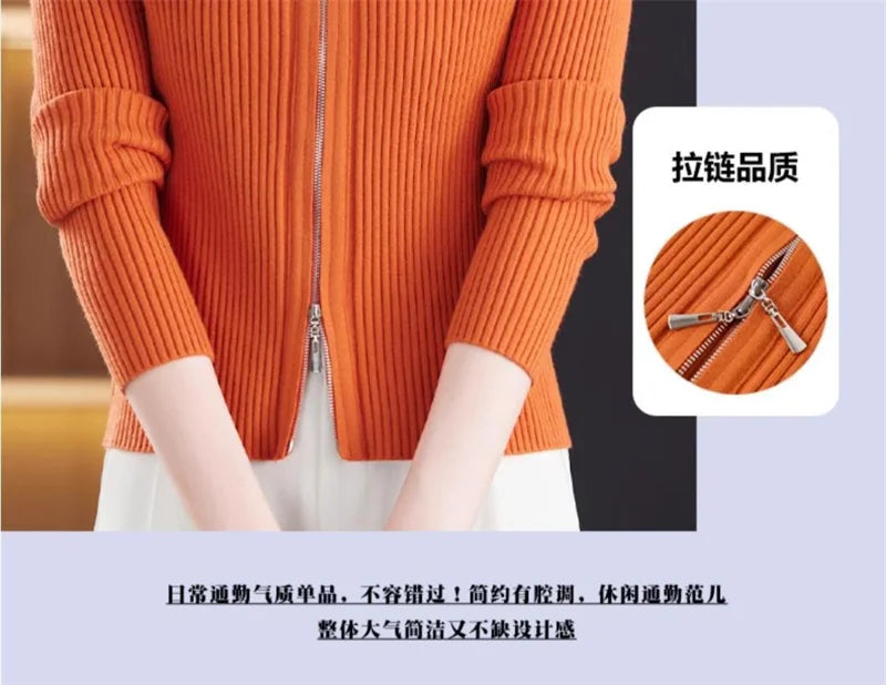Fashion Zipper Short Knitted Cardigan Sweater 2025 Spring Autumn New Korean Versatile Coat Top Turn-Down Col Sweater Solid Color