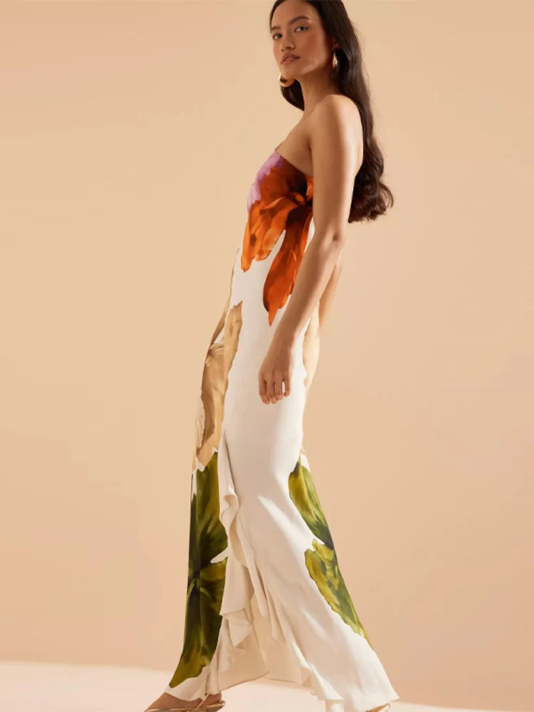 Flower Print Slanted Shoulder Dress Vintage Backless Sleeveless Skinny Irregular Robe For Women 2025 Summer Lady Beach Vestido