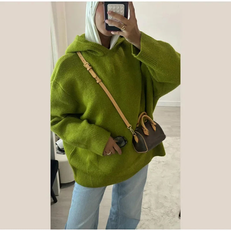 Green Women's Knit Hoodie Coat Full Sleeve Front Pocket  Casual Sweater Top 2025 Early Autumn Loose Female Knitwear Outerwear