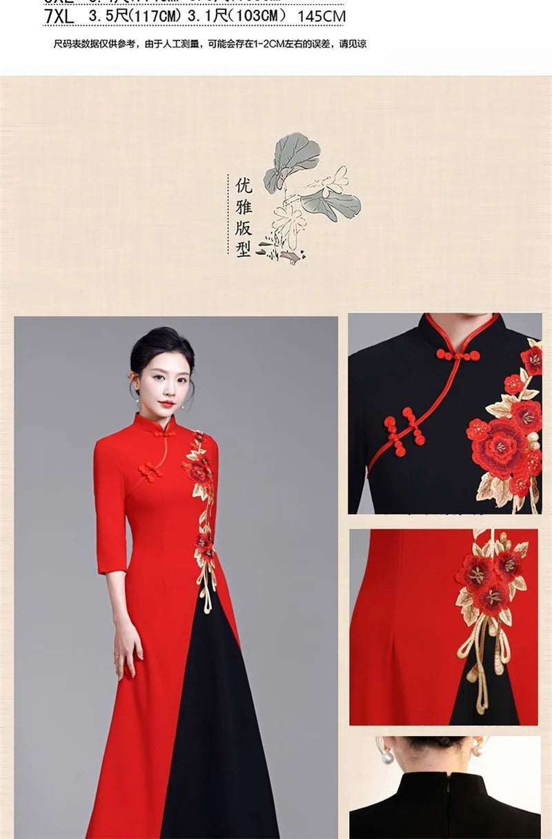 2025 Summer Women New Middle aged Elderly Dress Improved High end Non Ironing Show Elegant Slim And Long Embroide Red Dress 6XL