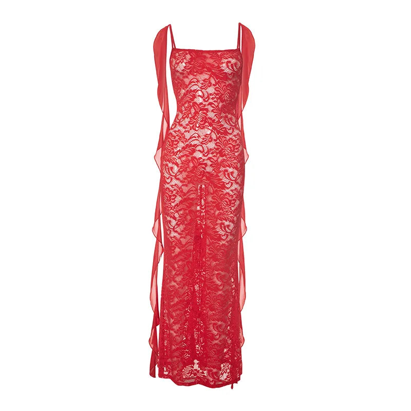 CM.YAYA Women lace Sleeveless Strap Floral Backless Sleeveless Sexy Party Bodycon Midi Maxi Long Dress 2025 Dresses Vestidos