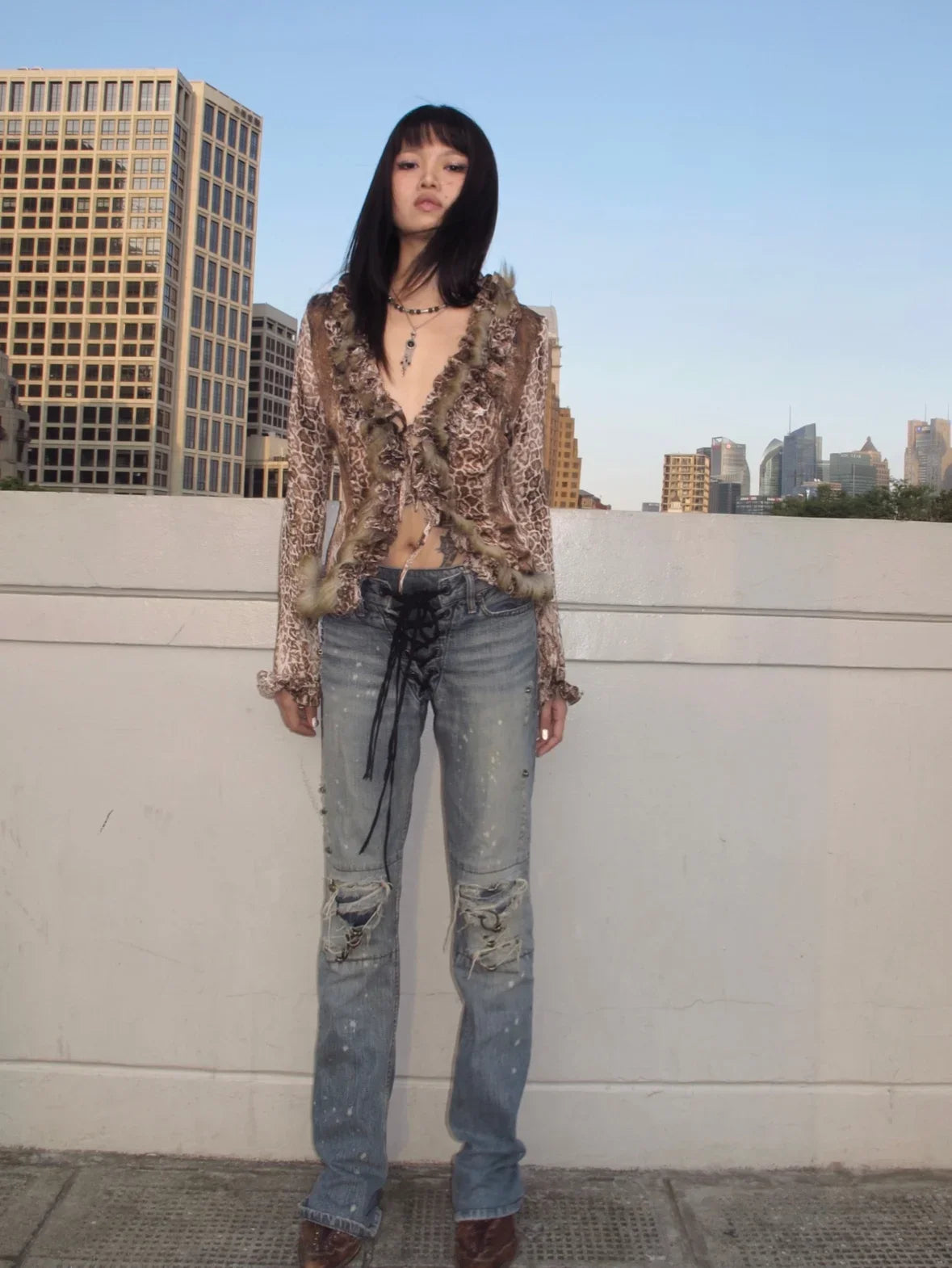 Karrram Japanese Y2k Leopard Print Shirt Vintage Harajuku Fur Shirt Grunge Aesthetics V-neck Irregular Blouses American Retro