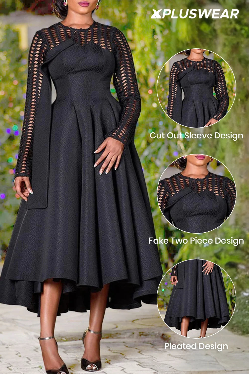 Plus Size Valentines Black Round Neck Long Sleeve Cut Out Pleated Midi Dresses