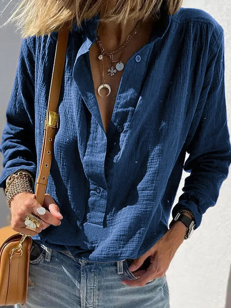 Long-sleeved cotton and linen women's shirt 2025 autumn loose single-breasted lapel casual shirt, office women's clothes