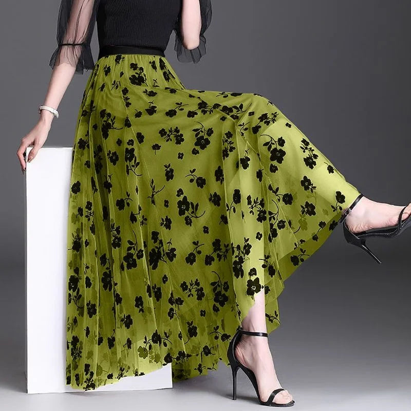 Flocking Floral Pirnted Long Mesh Skirt for Women, High Waist, Max Pleated Tutu, Tulle Skirt, Gauze Skirt, Female, 2025