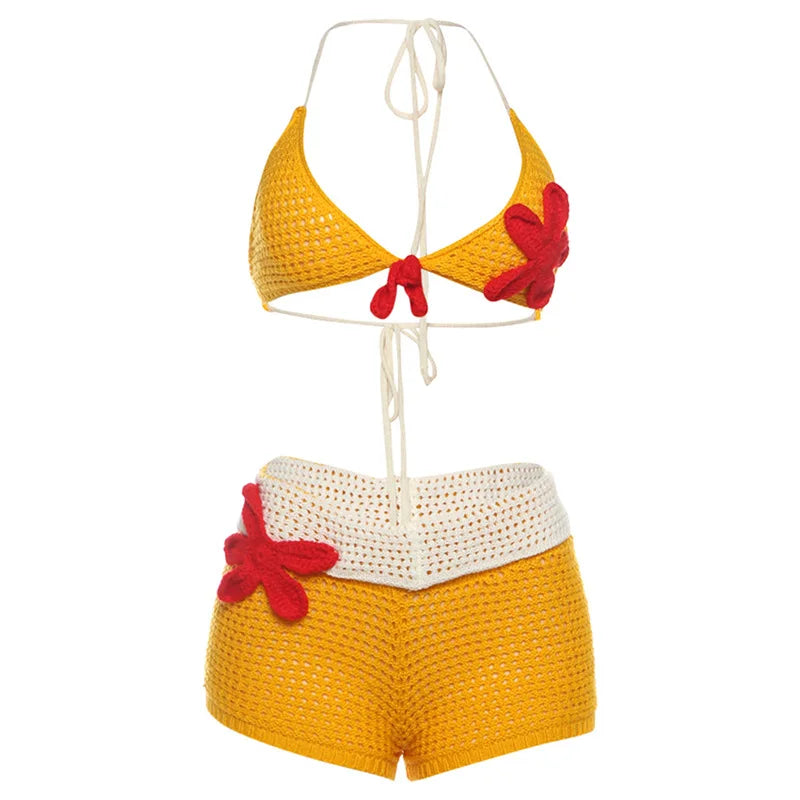 Joskaa 3D Flower Knit Beach Style 2 Piece Sets Women Sexy Halter Bra and Patchwork Shorts Matching 2025 Summer Holiday Outfits