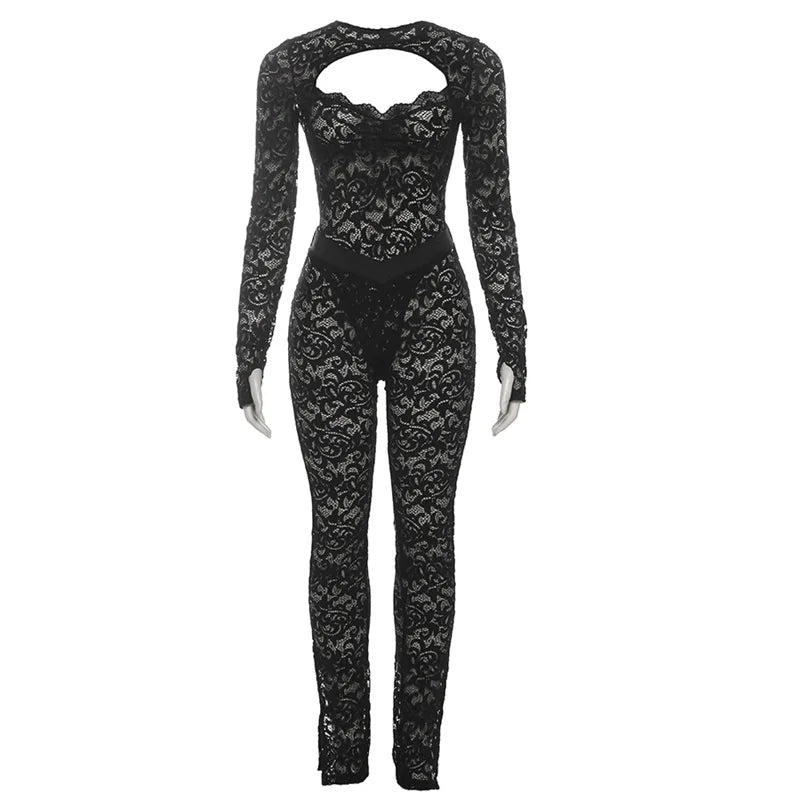 Lace See Through 2 Piece Set Women 2024 Autumn Sexy Hollow Jacquard Backless Bodysuit Leggings Party Clubwear Skinny Outfits