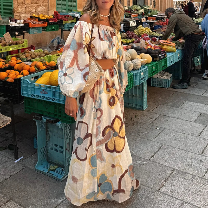 Fashion Crop Loose Women's Outfits Flower Print Off Shoulder Holiday Suit Casual Lantern Sleeve Top with Long Skirt Summer Sets