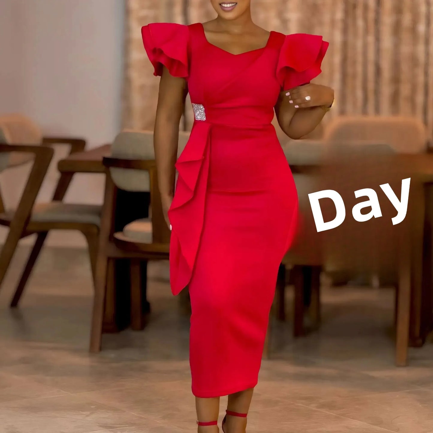 Elegant Pure Color African Style Wrap Dress D3310 New Fashionable Transoceanic Dress with Lace Trim Elegant African Dress