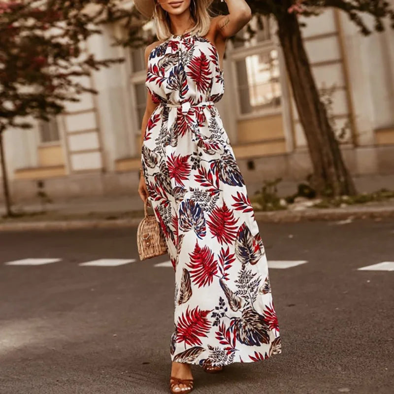 Bohemian Pleated Casual Long Dress Vintage Pattern Printed O Neck Women's Dress 2025 New Elegant Sleeveless Lace Up Loose Dress