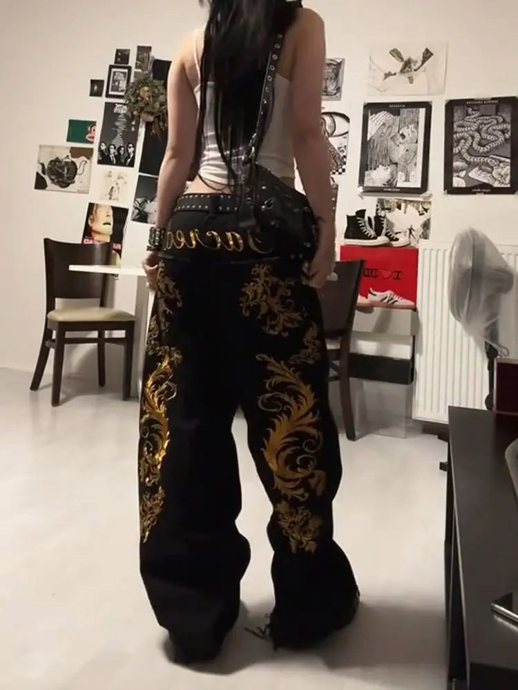 American Retro Dragon Print Straight Jeans Millennium Subculture Fashion Hot Girl Jeans Harajuku Hip Hop Y2k Pants Baggy Jeans