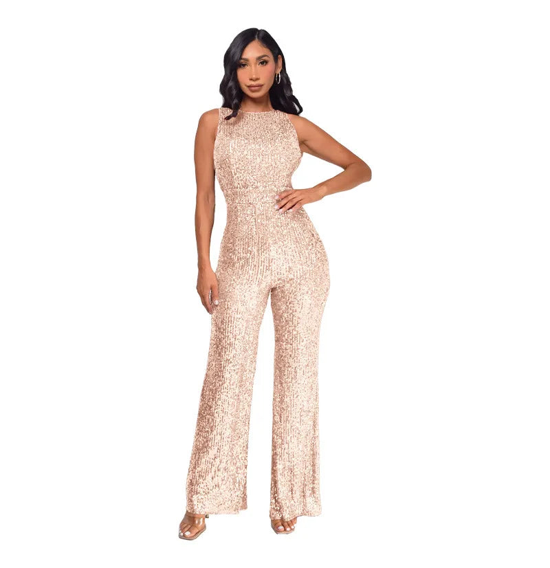 Glitter Sequin Round Neck Sleeveless High Waist Slim Fit Jumpsuit for Women