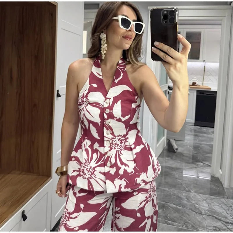 Halter Print Top Pants Set Women Backless Crop Tops Wide Leg Baggy Pants Two Pieces Set Chic Vacation Casual Women Outfit